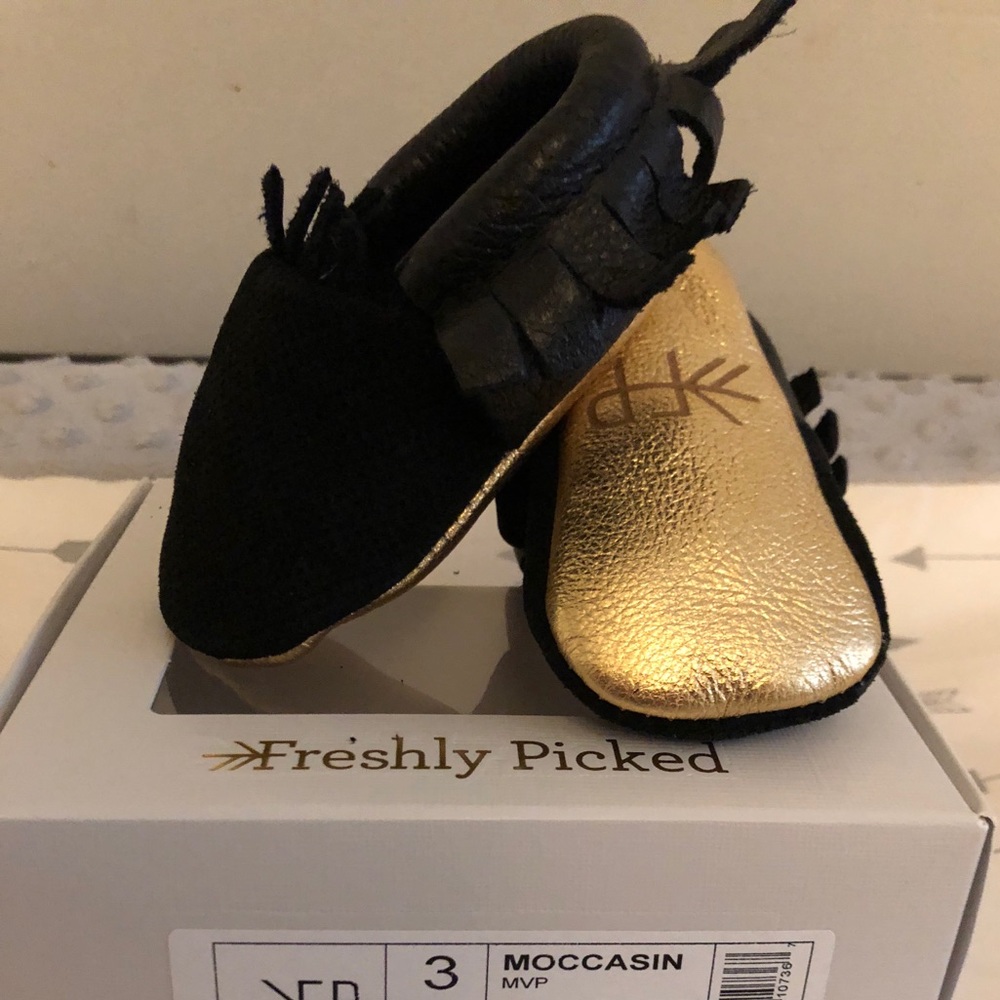 Freshly Picked Black Moccasins with Gold Soles